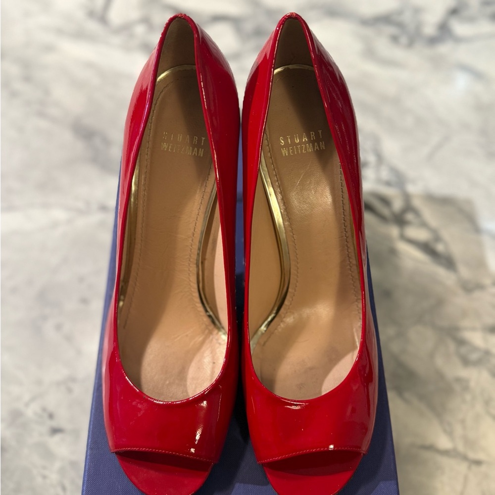 Stuart Weitzman Glossy Red Peep Toe Heels | Size 10